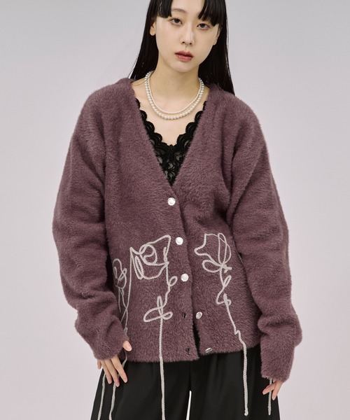 Ezick カーディガン flower rope knit ロープ刺繍シャギーニット