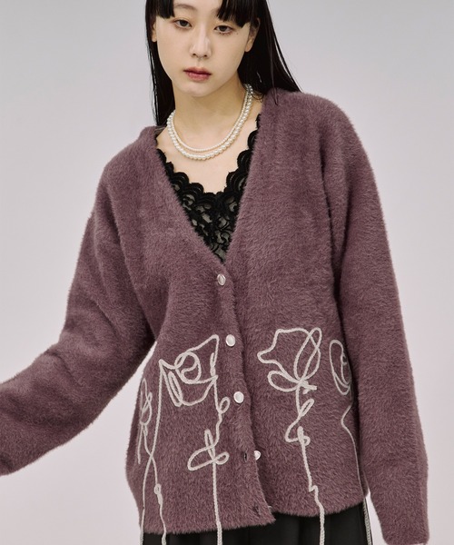 Ezick カーディガン flower rope knit ロープ刺繍シャギーニット