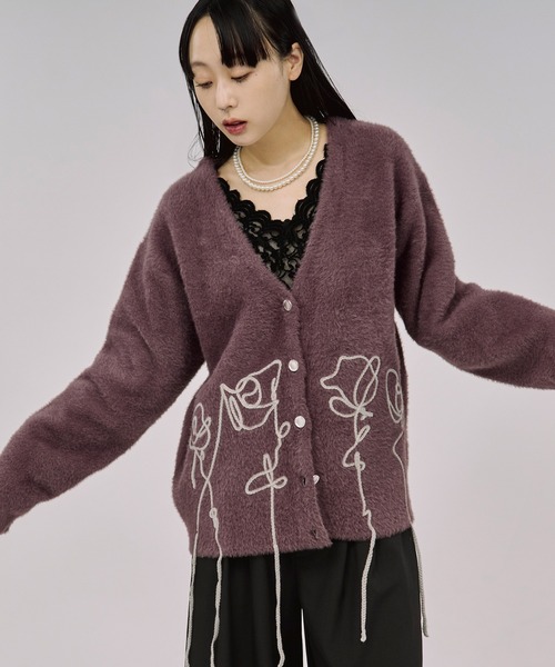 Ezick カーディガン flower rope knit ロープ刺繍シャギーニット