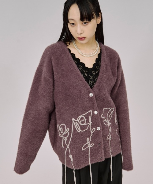 Ezick カーディガン flower rope knit ロープ刺繍シャギーニット