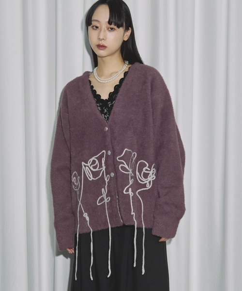 Ezick カーディガン flower rope knit ロープ刺繍シャギーニット