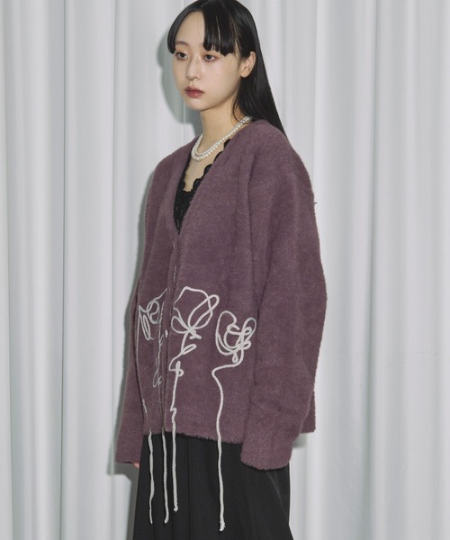 Ezick カーディガン flower rope knit ロープ刺繍シャギーニット