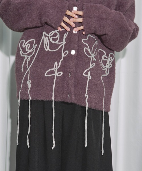 Ezick カーディガン flower rope knit ロープ刺繍シャギーニット