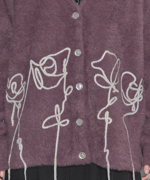Ezick カーディガン flower rope knit ロープ刺繍シャギーニット