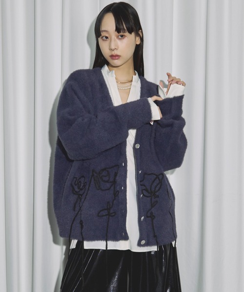 Ezick カーディガン flower rope knit ロープ刺繍シャギーニット