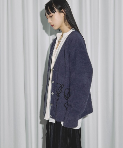 Ezick カーディガン flower rope knit ロープ刺繍シャギーニット