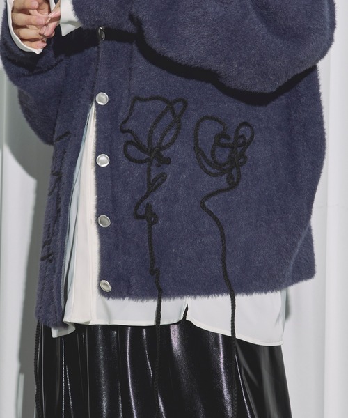 Ezick カーディガン flower rope knit ロープ刺繍シャギーニット