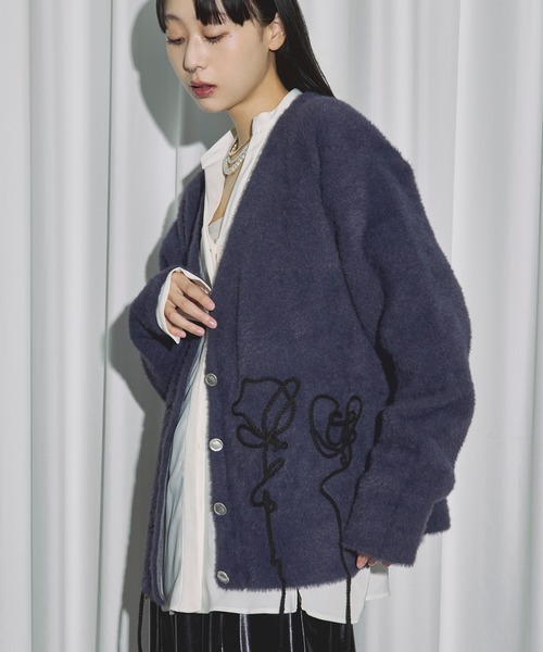 Ezick カーディガン flower rope knit ロープ刺繍シャギーニット