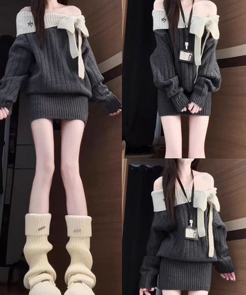 AsheKsha ワンピース オフショルダーニットのボディコンドレス