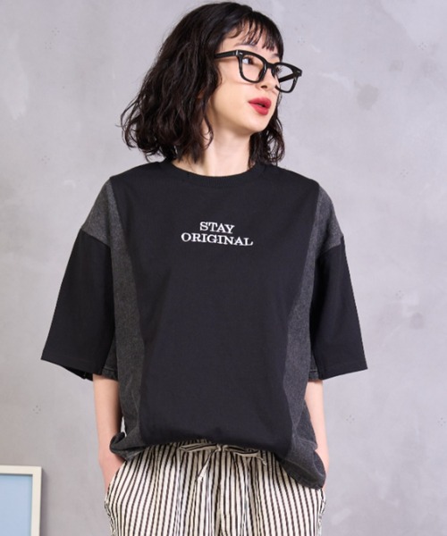 A.D.C.L. tシャツ 半袖 デニム切替 ロゴ刺繍 半袖Tシャツ レディース