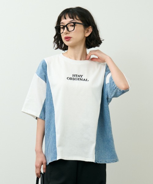 A.D.C.L. tシャツ 半袖 デニム切替 ロゴ刺繍 半袖Tシャツ レディース