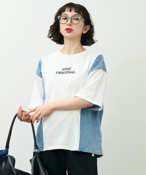 半袖 デニムパッチ デニム t シャツ 刺繍 デニム刺繍パッチ ショートスリーブTシャツ