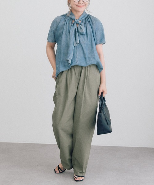 Drawer ボウタイシャツ グリーン コットン 半袖 pual ce cin ブラウス シャツ 夏 半袖 シアーデニムボウタイブラウス