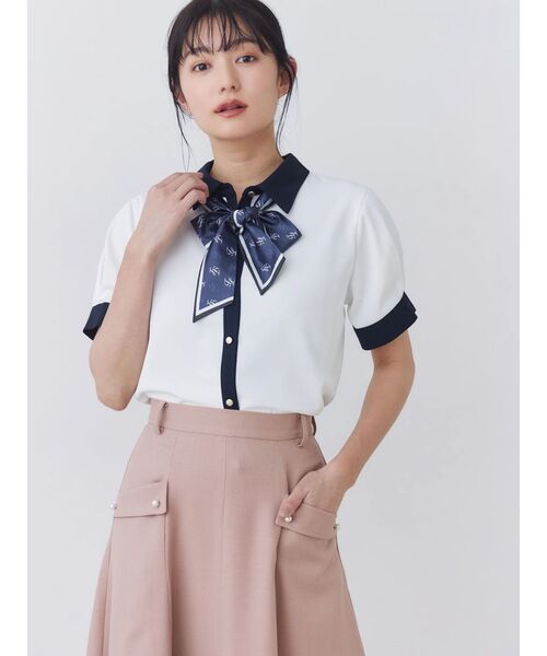 HUIS. 日本製　軽い　レディース 半袖 シャツ ブラウス マスタード　未使用 TONAL（トーナル） ブラウス シャツ 半袖 スカーフタイハーフスリーブ