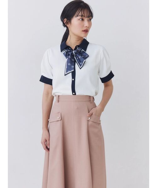 HUIS. 日本製　軽い　レディース 半袖 シャツ ブラウス マスタード　未使用 TONAL（トーナル） ブラウス シャツ 半袖 スカーフタイハーフスリーブ