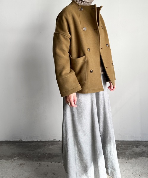 vent blanc（ヴァンブラン） ノーカラーコート コート ウール混ボトル