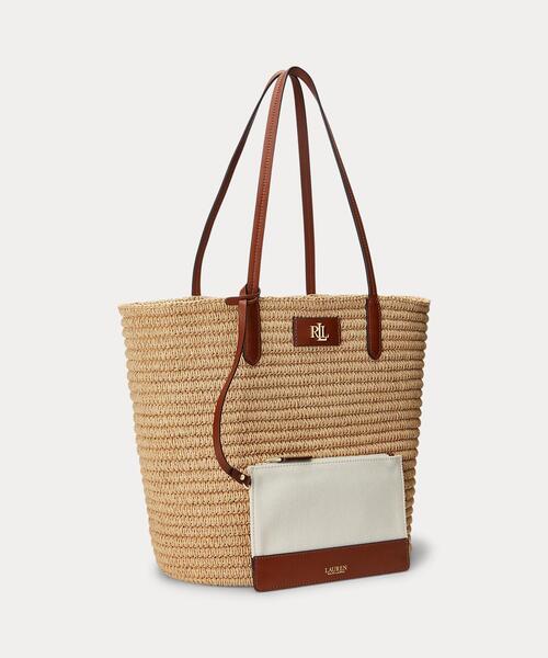 ポーチ付き【Ralph Lauren】レザートリム ストロートートバッグ LAUREN RALPH トートバッグ レザートリム ストロー ラージ Brie