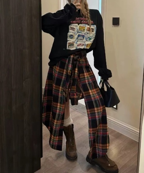 Sibra（シブラ） スカート 腰巻きシャツ風チェック柄スカート