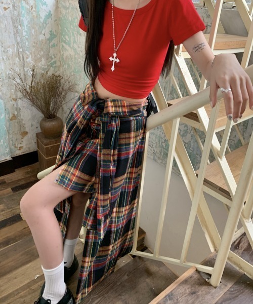 Sibra（シブラ） スカート 腰巻きシャツ風チェック柄スカート