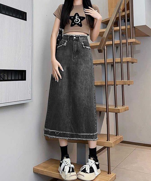 DIESEL ロゴ De-Pago-S ハイウエスト フリンジ デニムスカート Lace Ladies デニムスカート ハイウエスト デニム フリンジ A
