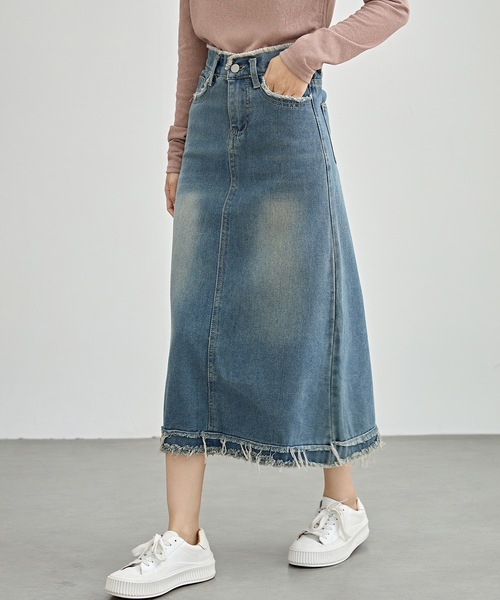 DIESEL ロゴ De-Pago-S ハイウエスト フリンジ デニムスカート Lace Ladies デニムスカート ハイウエスト デニム フリンジ A