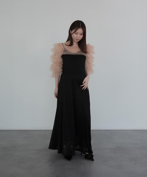 LEJA ティアードフリルチュールボレロワンピースドレス結婚式パーティー S 当日発送】ティアードフリルチュールボレロワンピースドレス