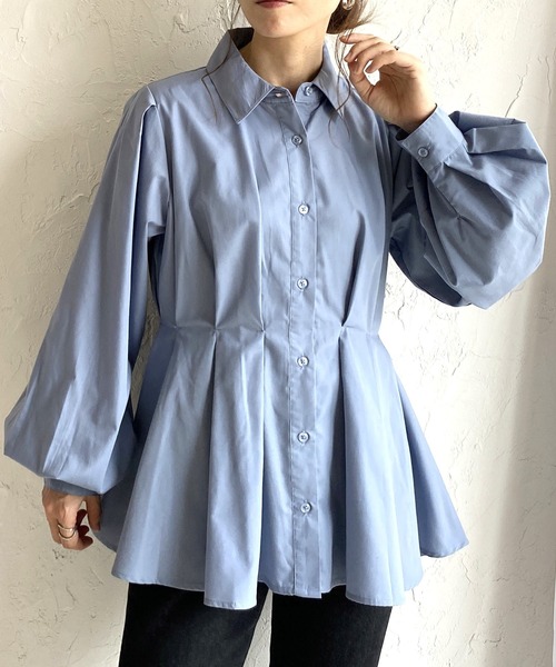 セットアップ ブラウス トップス 長袖 フレア 2colors 3XL/6XL She's Closet ブラウス シャツ 長袖フレアペプラム襟付き