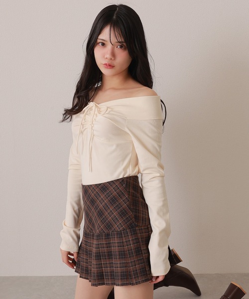 M DOLLY tシャツ offshoulder shirring ribbon tops/オフショルダー