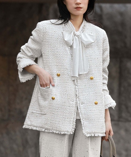 ELFRANK ノーカラージャケット FREE オフホワイト レディース