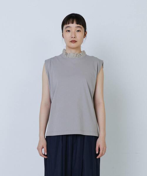 tシャツ コットンハイゲージ天竺フリルカラーノースリーブ レディース LOISIR tシャツ コットンハイゲージ天竺フリルカラー