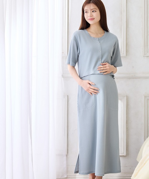 上品♡上半身ゴム仕様♡マタニティ　妊婦・褥婦さんにも♡ ロングワンピース Rosemadame（ローズマダム） マタニティ 半袖カーディガンドッキング