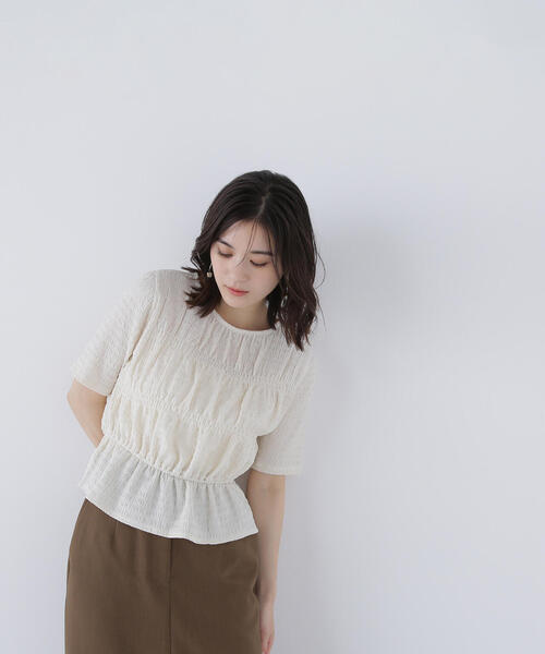 tシャツ シャーリングペプラムカットソー半袖 レディース NATURAL BEAUTY BASIC tシャツ シャーリングペプラムカットソー