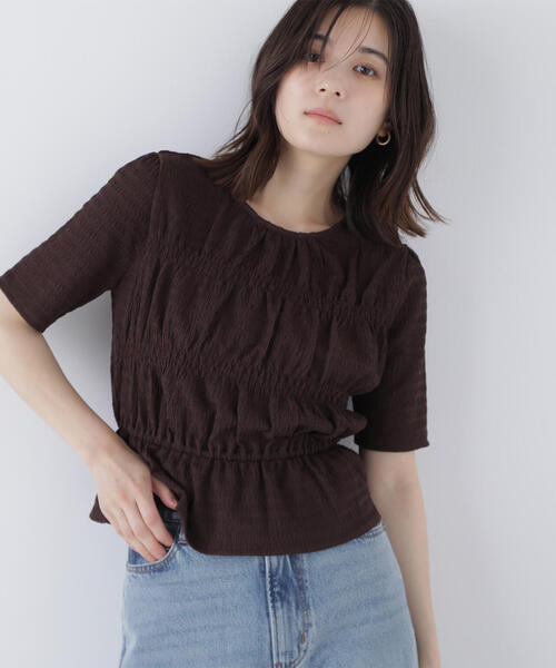 tシャツ シャーリングペプラムカットソー半袖 レディース NATURAL BEAUTY BASIC tシャツ シャーリングペプラムカットソー