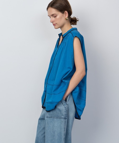 ハウスオブロータス フリル袖 リネン プルオーバー ブラウス ブルー 麻 ハウスオブロータス フリル袖 リネン プルオーバー ブラウス ブルー 麻