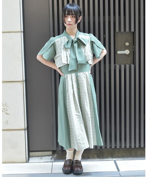 axes femme（アクシーズ ファム） ワンピース 半袖 チェックパッチ 