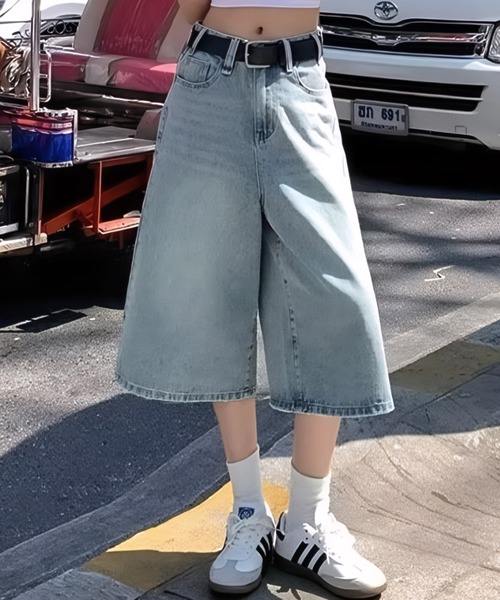 ハーフパンツ ワイドパンツ ジーンズ デニム デニムパンツ ウォッシュ