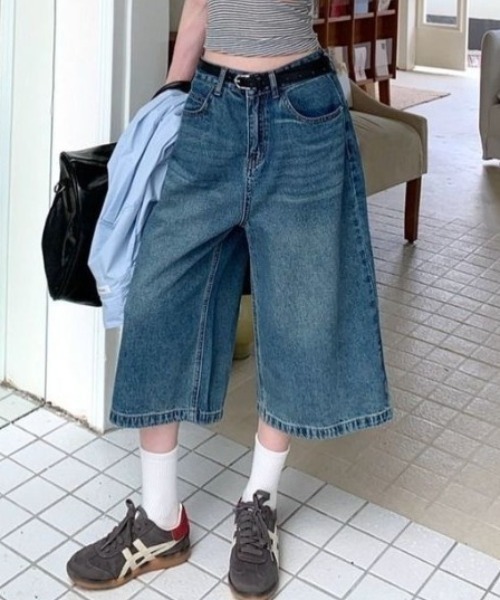 ハーフパンツ ワイドパンツ ジーンズ デニム デニムパンツ ウォッシュ 