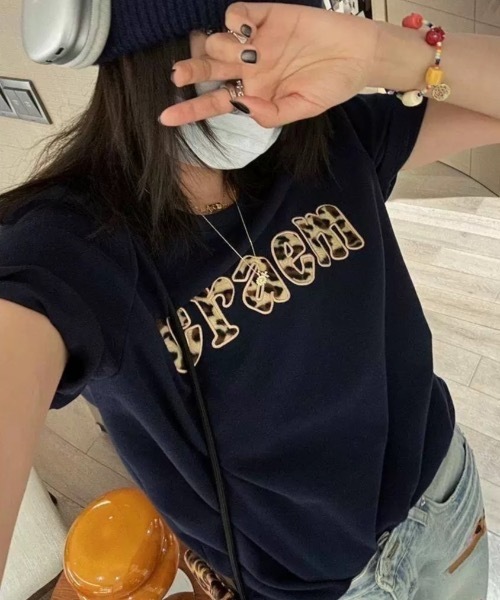 FUNdaysion tシャツ 半袖 ヒョウ柄刺繍オーバーサイズ半袖Tシャツ