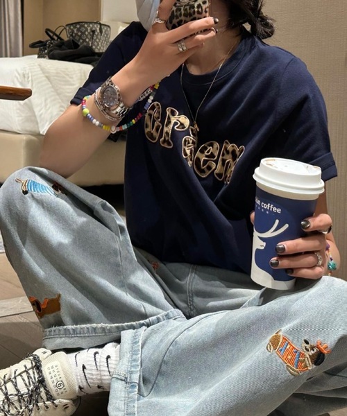 FUNdaysion tシャツ 半袖 ヒョウ柄刺繍オーバーサイズ半袖Tシャツ