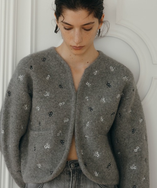 クレドナ CREDONA フラワー エンブロイダリー ニット ジャケット　グレー FLOWER EMBROIDERY KNIT JACKET/フラワーエンブロイダリーニット