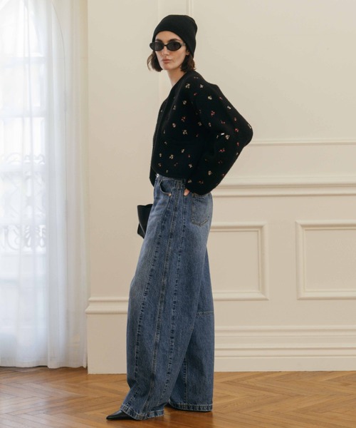 クレドナ CREDONA フラワー エンブロイダリー ニット ジャケット　グレー FLOWER EMBROIDERY KNIT JACKET/フラワーエンブロイダリーニット