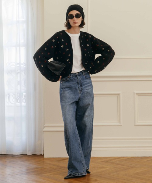 クレドナ CREDONA フラワー エンブロイダリー ニット ジャケット　グレー FLOWER EMBROIDERY KNIT JACKET/フラワーエンブロイダリーニット