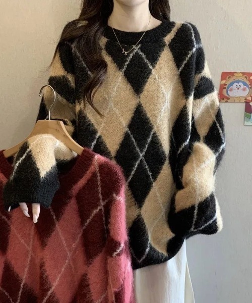 ViViDAY ニット セーター アーガイル柄ニットプルオーバー レディース