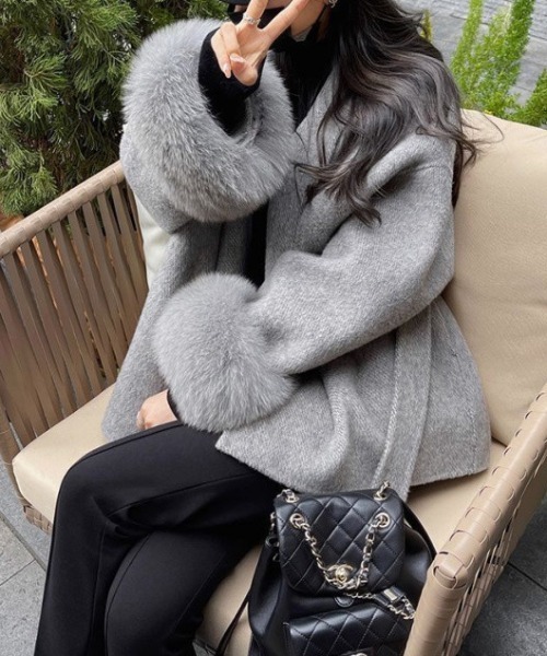 deux amour コート アウター ベルト付き袖ファーコート レディース