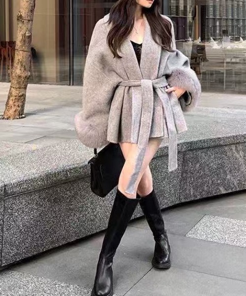 deux amour コート アウター ベルト付き袖ファーコート レディース