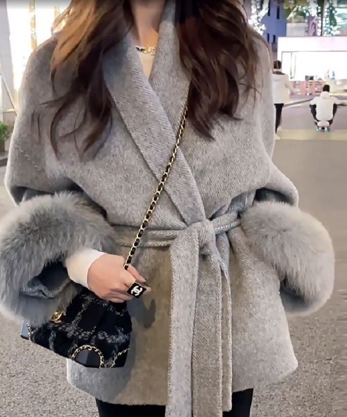 deux amour コート アウター ベルト付き袖ファーコート レディース