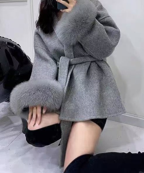 deux amour コート アウター ベルト付き袖ファーコート レディース