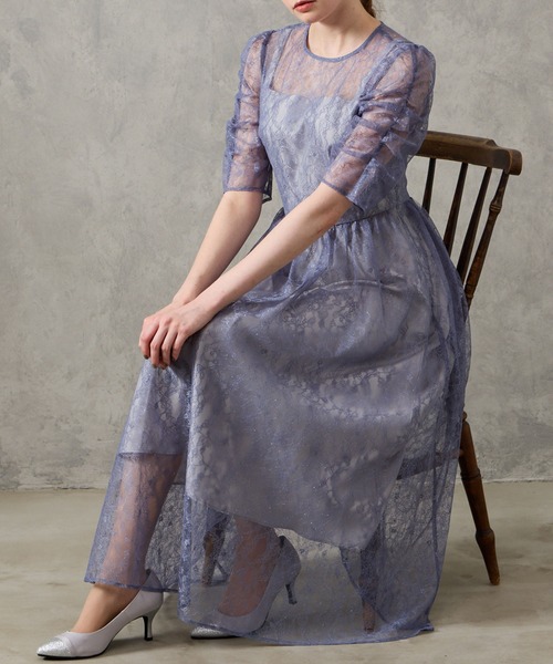 AIMER（エメ） ドレス ラメレースギャザースリーブレースアップ