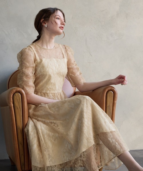 AIMER（エメ） ドレス ラメレースギャザースリーブレースアップ