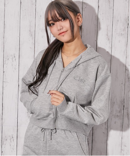 パーカー 「ビジューElseロゴ×ショート丈」裏起毛ジップパーカー 秋冬